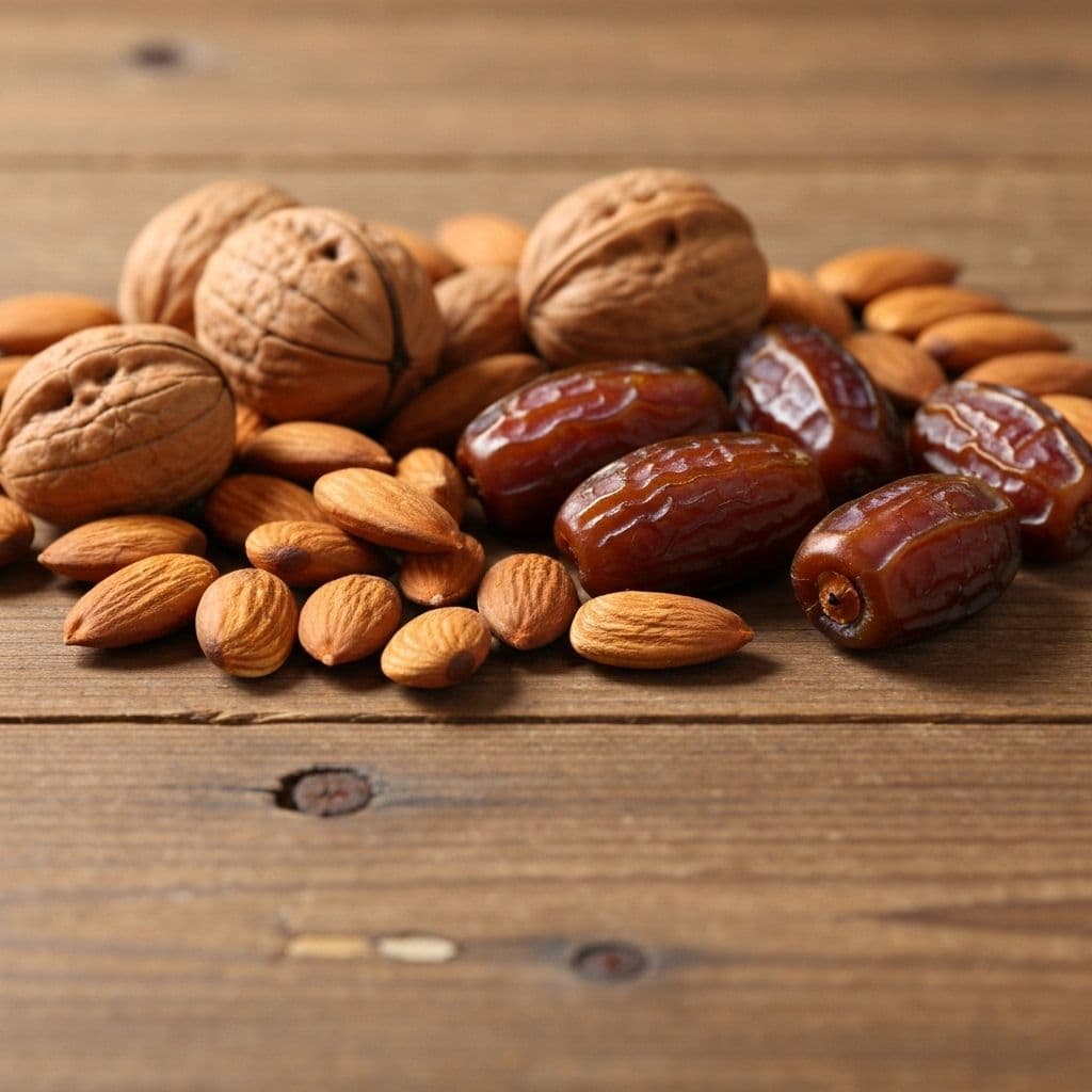 A collection of premium assorted dry fruits including almonds, dates, and walnuts in a basket